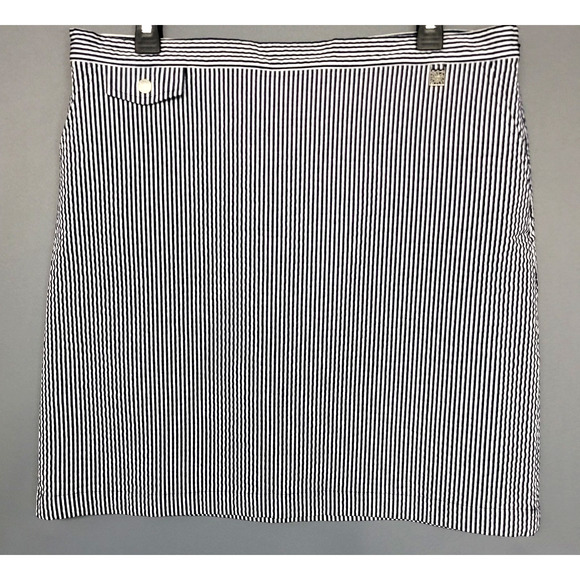 Anne Klein Skirt Womens 12 Navy White Striped Seersucker Cotton Blend Side Zip - Picture 2 of 14